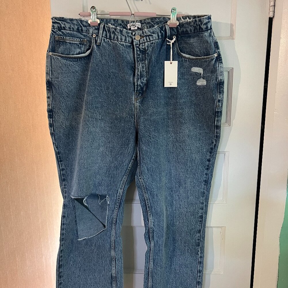 NWT Good American Ripped Knee Jeans High Rise Straight Leg